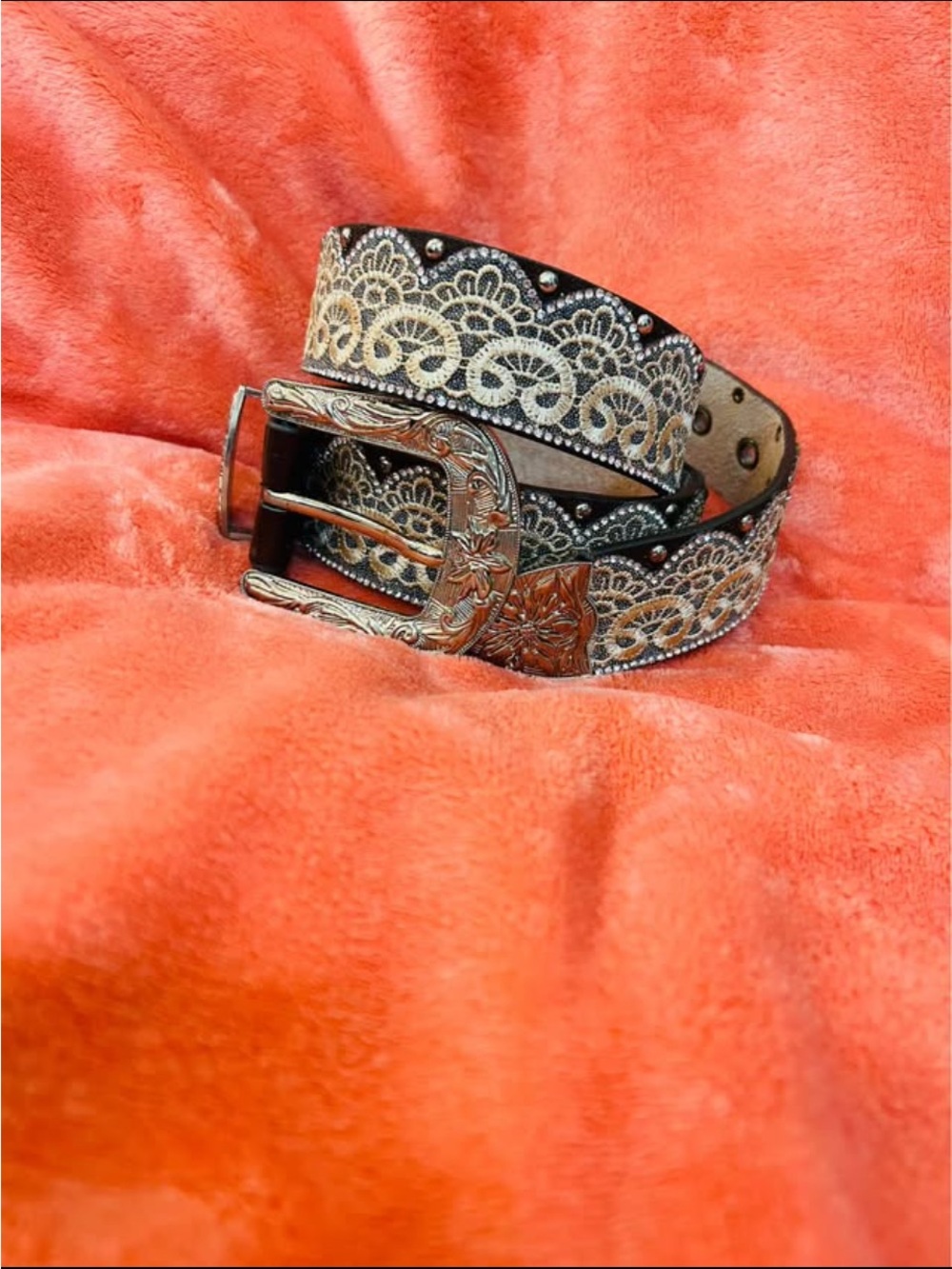 Embossed Black Leather Belt with Gold Lace Detailing